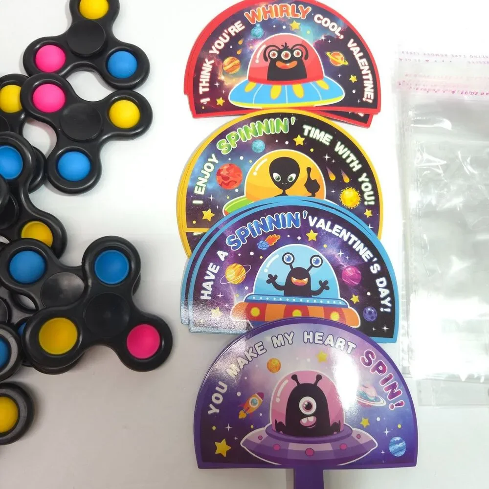 Pop Fidget Spinner Valentine Cards Set Alien Outer Space Classroom Favor Lot 22